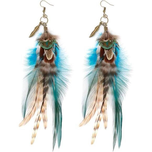 Large Natural Feather Earrings | Handmade Boho Statement Dangles - Picture 1 of 4